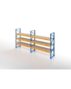 Palettenregal, Komplettregal mit Spanplatten, 5 Lagerebenen, H3000xB6600xT1100 mm, Fachlast 3800 kg, 35 Palettenplätze, Rahmen blau, Traverse orange