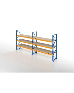 Palettenregal, Einfachregal mit Spanplatten, 4 Lagerebenen, H2500xB6600xT1100 mm, Fachlast 3800 kg, 28 Palettenplätze, Rahmen blau, Traverse orange