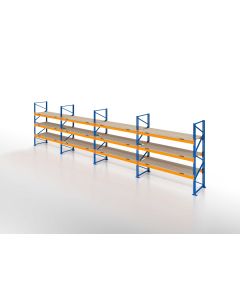 Palettenregal, Einfachregal mit Spanplatten, 4 Lagerebenen, H7000xB11300xT1100 mm, Fachlast 3800 kg, 48 Palettenplätze, Rahmen blau, Traverse orange