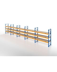 Palettenregal, Einfachregal mit Spanplatten, 4 Lagerebenen, H6000xB12350xT1100 mm, Fachlast 3800 kg, 52 Palettenplätze, Rahmen blau, Traverse orange